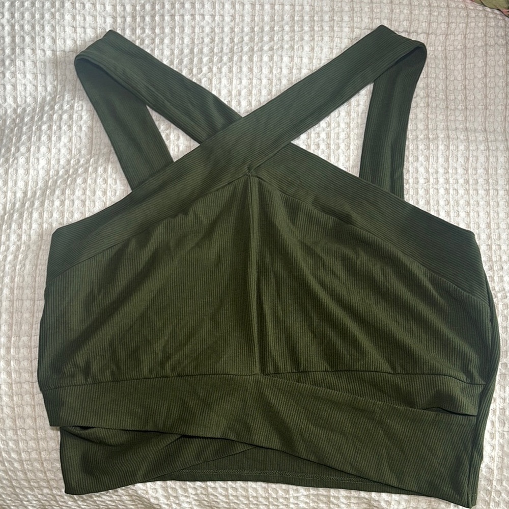 Cider Olive Green Ribbed Cross-Front Crop Top